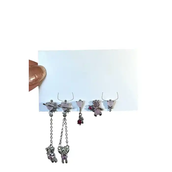 Gümüş Renk Karışık Figürlü Taş Detaylı 5li Küpe Set