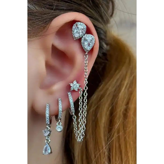 Gümüş Renk Karışık Figürlü Taş Detaylı 6lı YSX Küpe Set