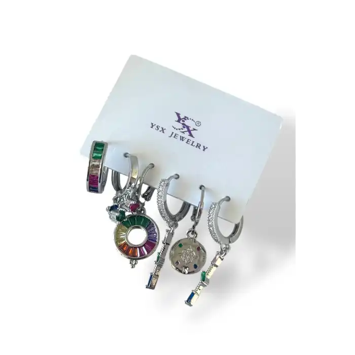 Gümüş Renk Karışık Figürlü Taş Detaylı 6lı YSX Küpe Set