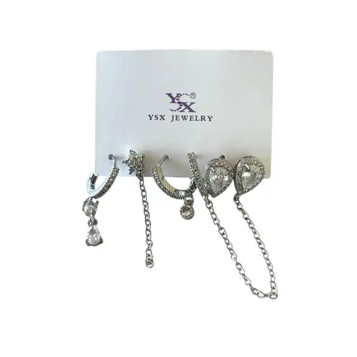 Gümüş Renk Karışık Figürlü Taş Detaylı 6lı YSX Küpe Set