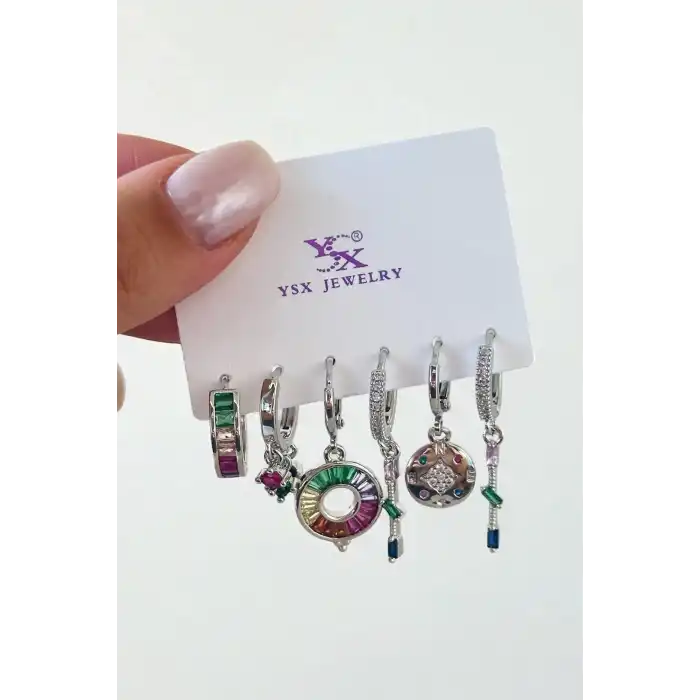 Gümüş Renk Karışık Figürlü Taş Detaylı 6lı YSX Küpe Set