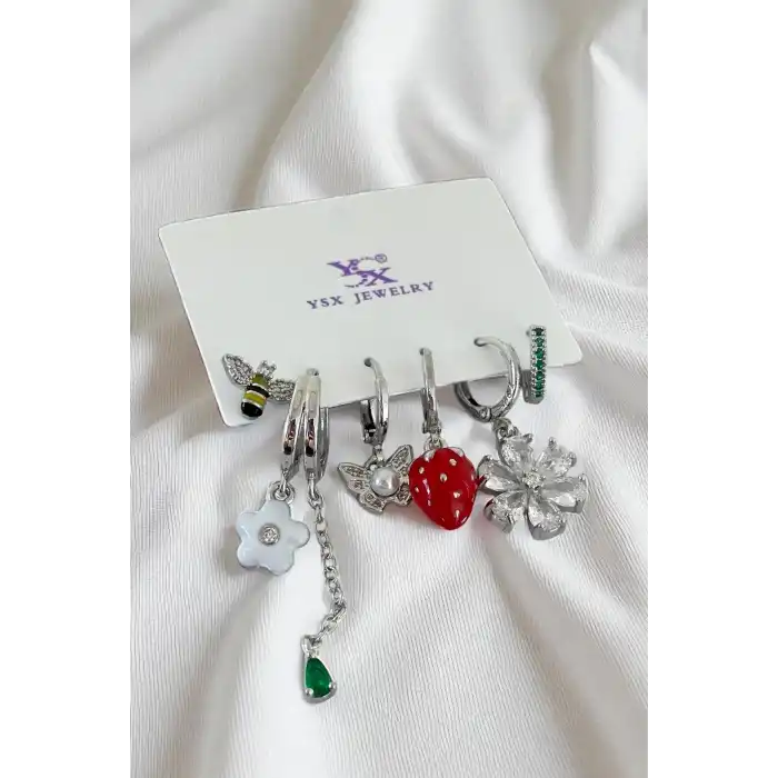 Gümüş Renk Karışık Figürlü Taş Detaylı 6lı YSX Küpe Set