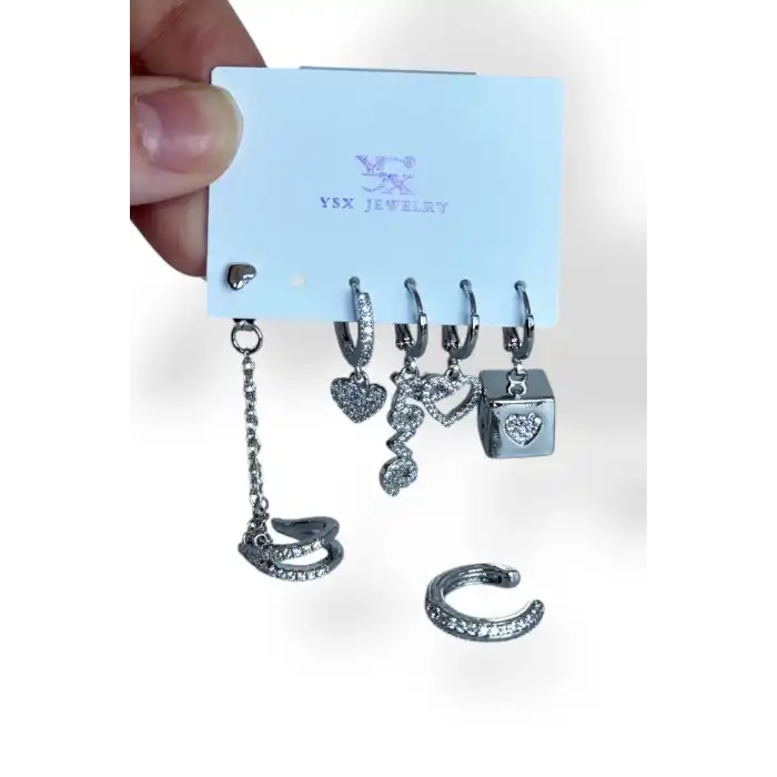 Gümüş Renk Karışık Figürlü Taş Detaylı 6lı YSX Küpe Set