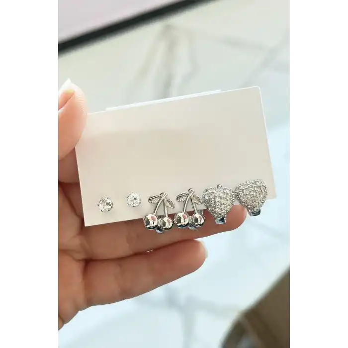 Gümüş Renk Karışık Figürlü Taş Detaylı 6lı YSX Küpe Set