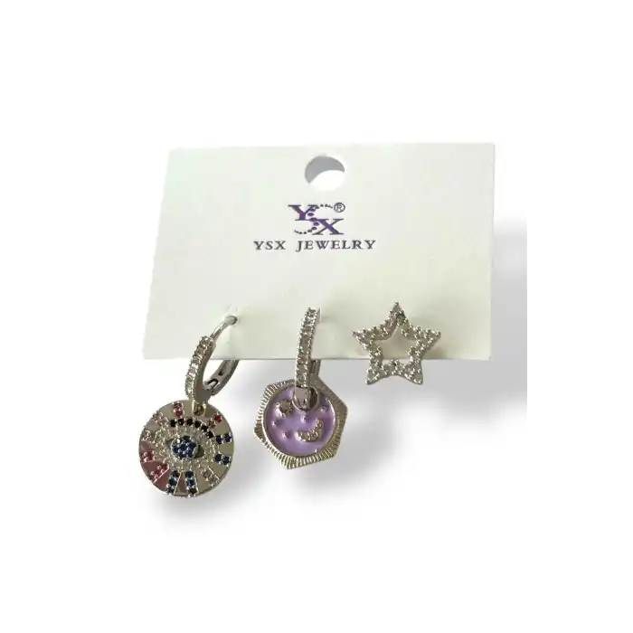 Gümüş Renk Karışık Figürlü Taş Detaylı VİP 3lü YSX Küpe Set