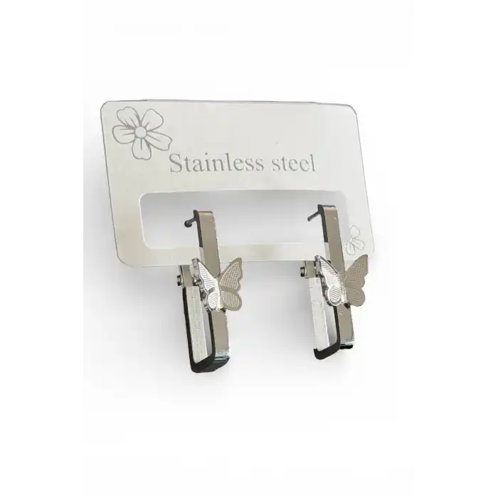 Gümüş Renk Kelebek Detaylı Çelik Küpe (Çift)