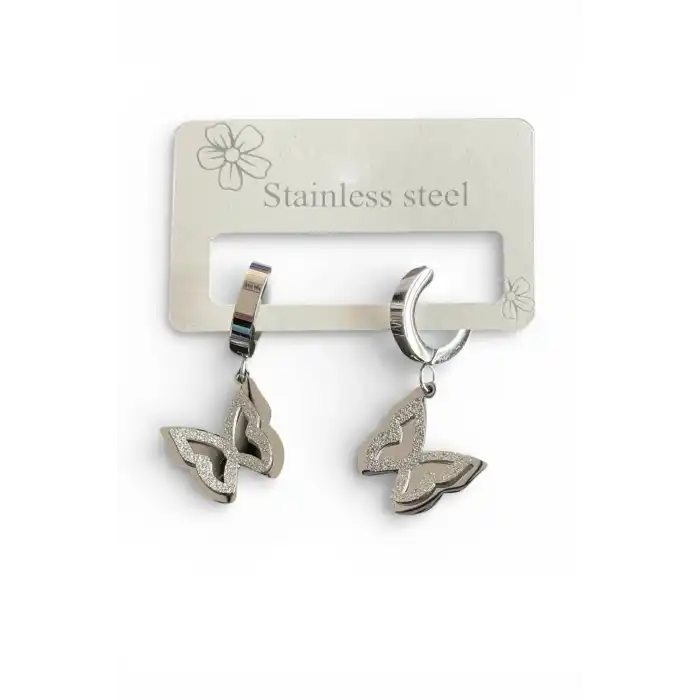 Gümüş Renk Kelebek Figürlü Çelik Küpe (Çift)