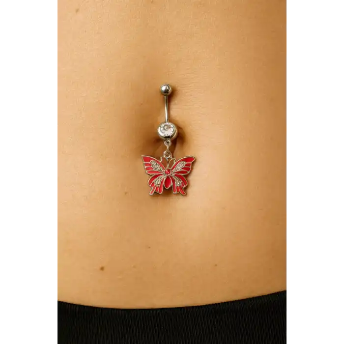 Gümüş Renk Kelebek Figürlü Cerrahi Çelik Göbek Piercing