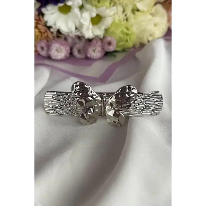 Gümüş Renk Kelebek Figürlü Metal Otomat Toka