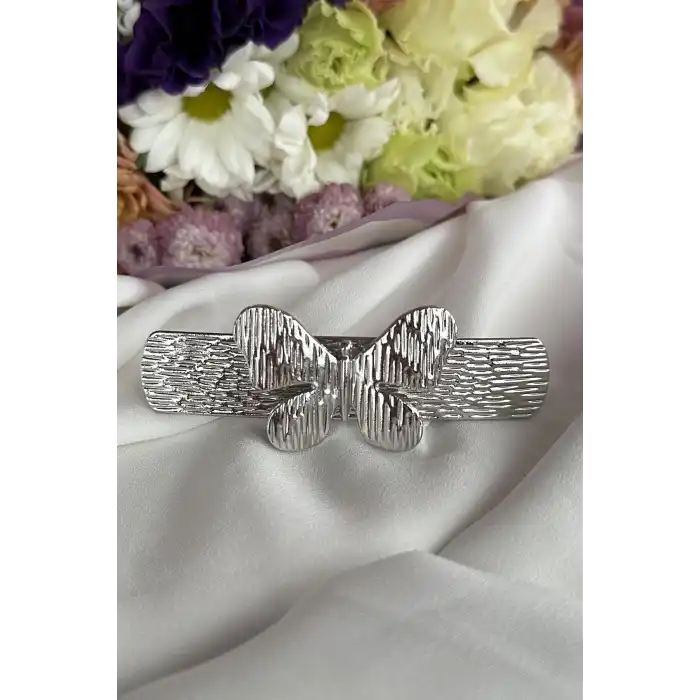 Gümüş Renk Kelebek Figürlü Metal Otomat Toka