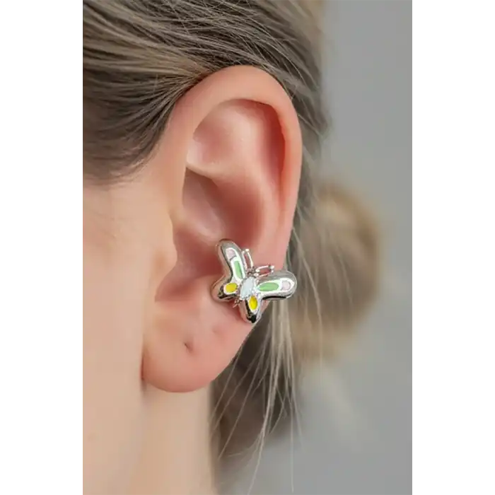 Gümüş Renk Kelebek Figürlü Taş Detaylı 14K Altın Kaplama TX Ear Cuff (Tek)