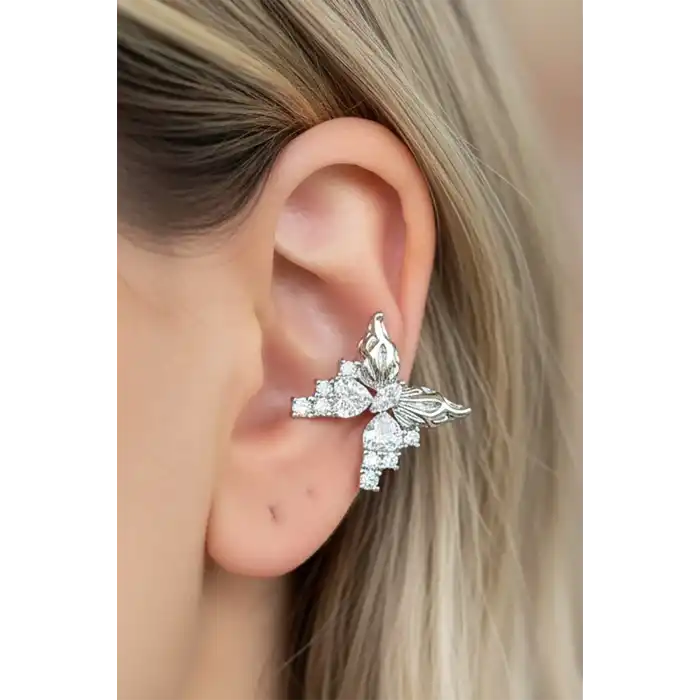 Gümüş Renk Kelebek Figürlü Taş Detaylı 14K Altın Kaplama TX Ear Cuff (Tek)