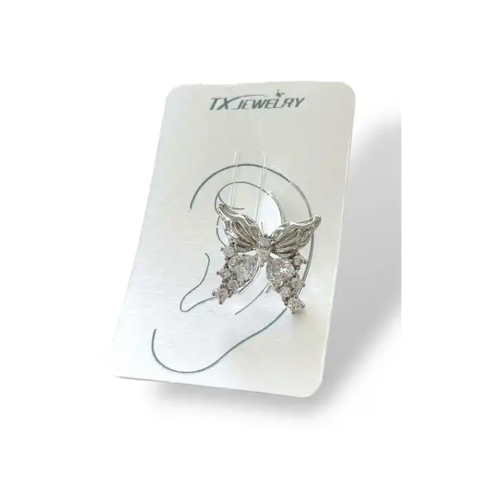 Gümüş Renk Kelebek Figürlü Taş Detaylı 14K Altın Kaplama TX Ear Cuff (Tek)