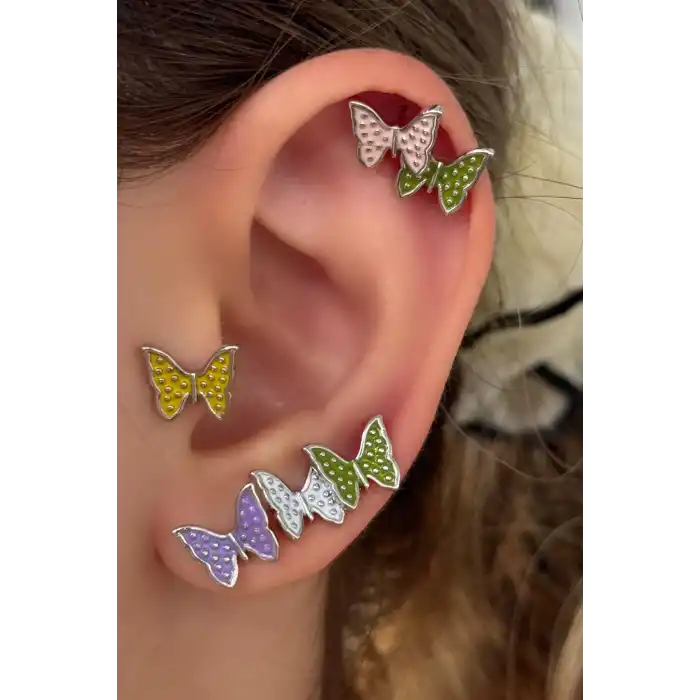 Gümüş Renk Kelebek Figürlü Taş Detaylı 6lı Küpe Set