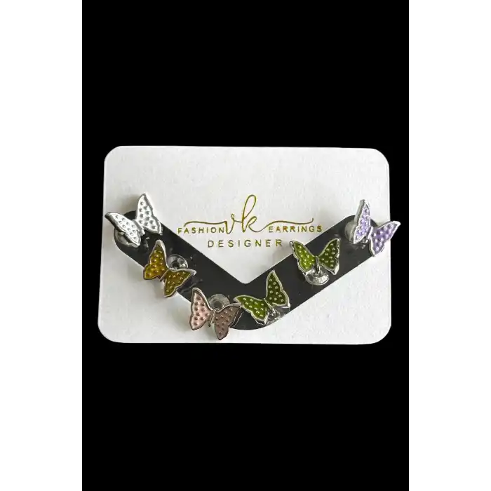 Gümüş Renk Kelebek Figürlü Taş Detaylı 6lı Küpe Set