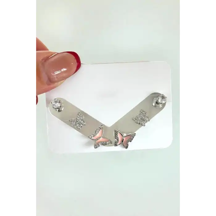Gümüş Renk Kelebek Figürlü Taş Detaylı 6lı Küpe Set