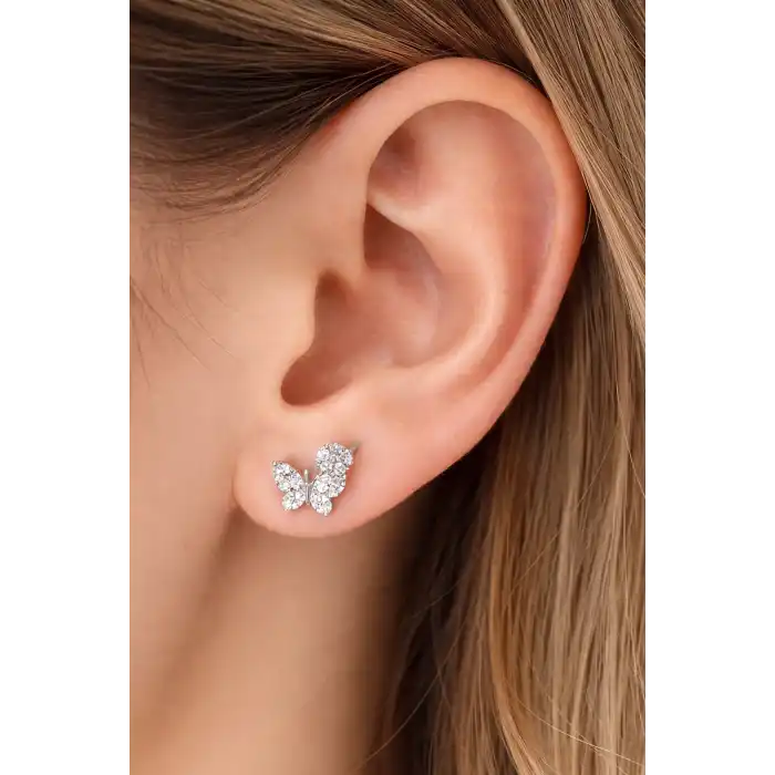 Gümüş Renk Kelebek Figürlü Taş Detaylı Çelik Xupıng VİP Küpe