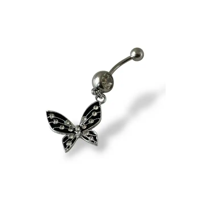Gümüş Renk Kelebek Figürlü Taş Detaylı Cerrahi Çelik Göbek Piercing