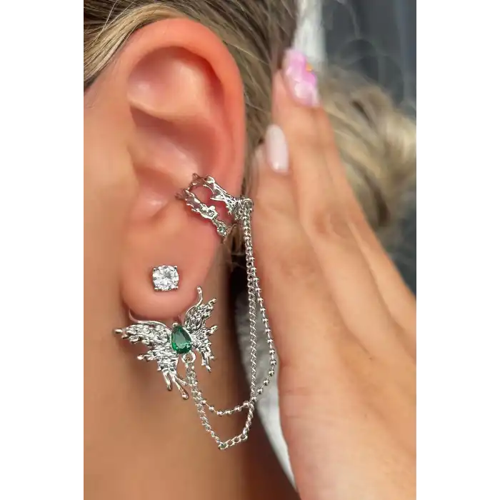 Gümüş Renk Kelebek Figürlü Taş Detaylı İkili Ear Cuff Küpe Set