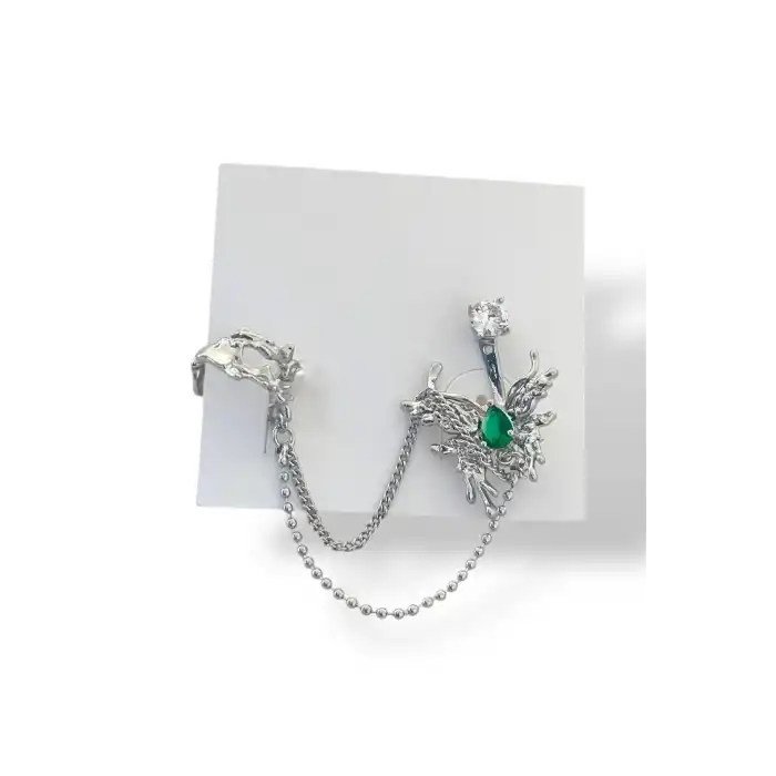 Gümüş Renk Kelebek Figürlü Taş Detaylı İkili Ear Cuff Küpe Set