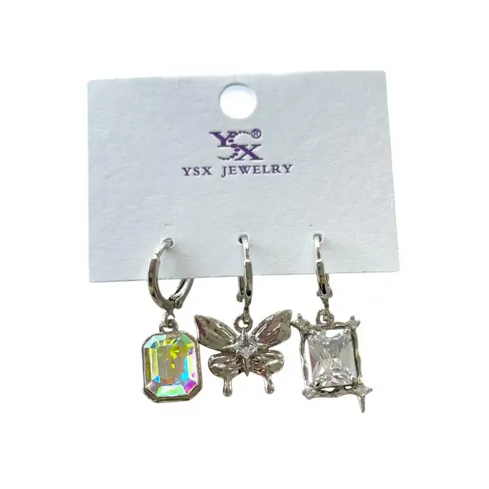 Gümüş Renk Kelebek Figürlü Taş Detaylı VİP 3lü YSX Küpe Set