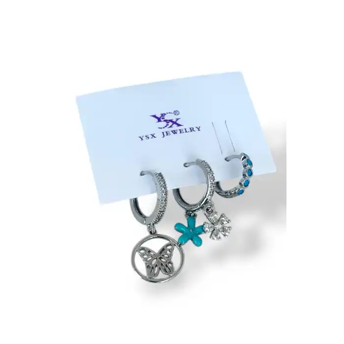 Gümüş Renk Kelebek Figürlü Taş Detaylı VİP 3lü YSX Küpe Set