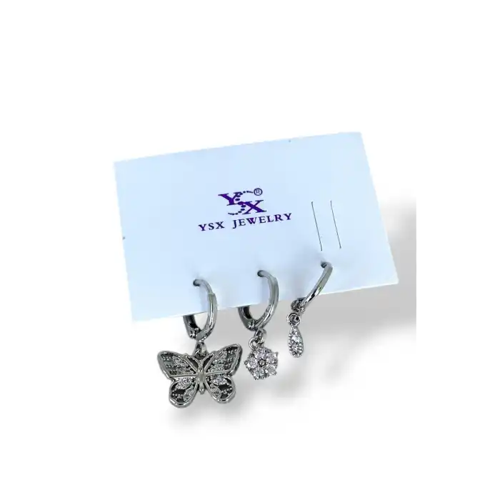 Gümüş Renk Kelebek Figürlü Taş Detaylı VİP 3lü YSX Küpe Set