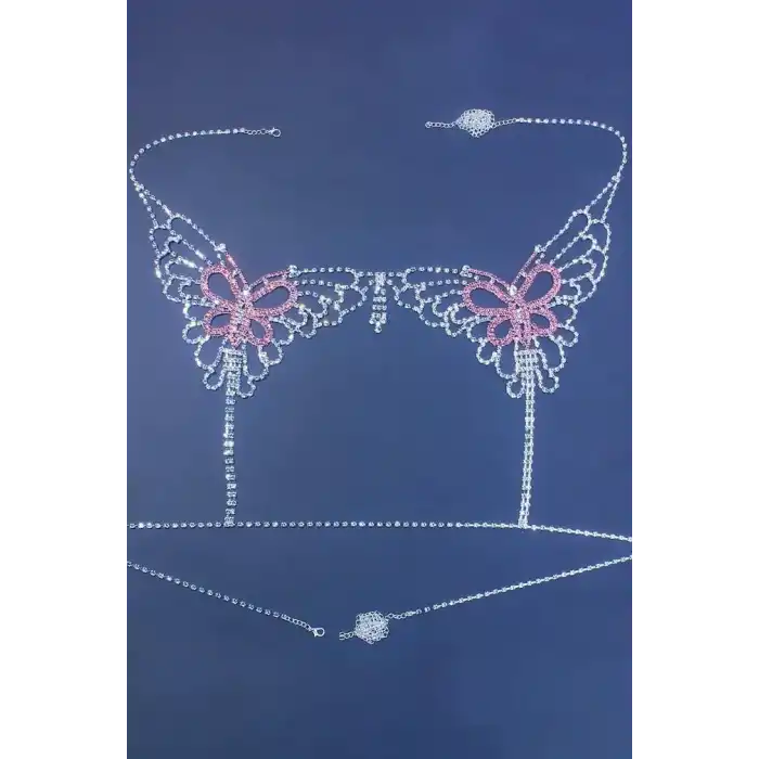 Gümüş Renk Kelebek Figürlü Taşlı Bikini Üstü /Bralet /Vücut Aksesuarı