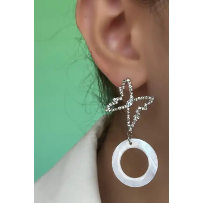 Gümüş Renk Kelebek Figürlü Taşlı Küpe (Çift)