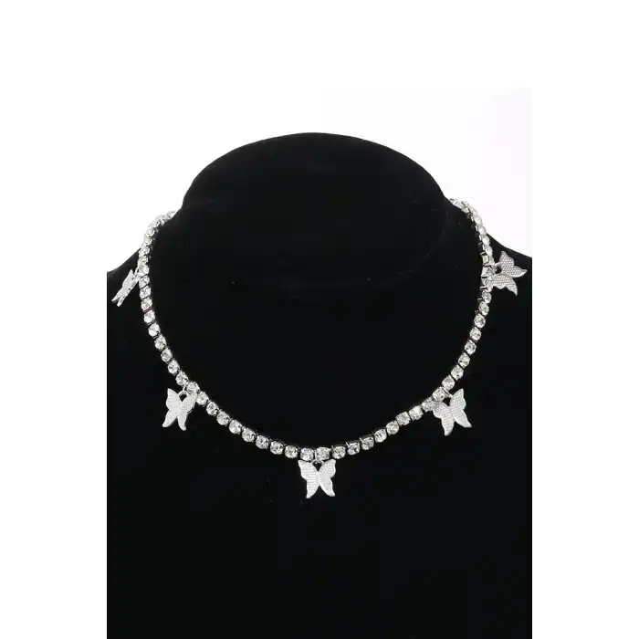 Gümüş Renk Kelebek Figürlü Taşlı Su Yolu Kolye