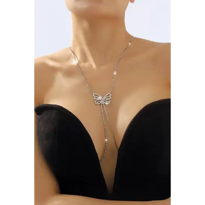 Gümüş Renk Kelebek Figürlü Vücut Aksesuarı/ Göğüs Zinciri