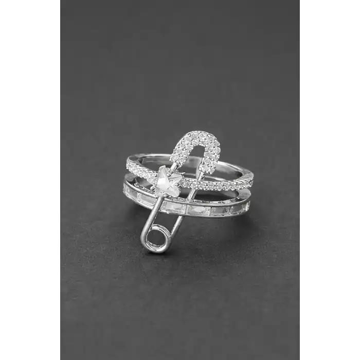 Gümüş Renk Kilitli İğne Figürlü Ayarlanabilir Yüzük