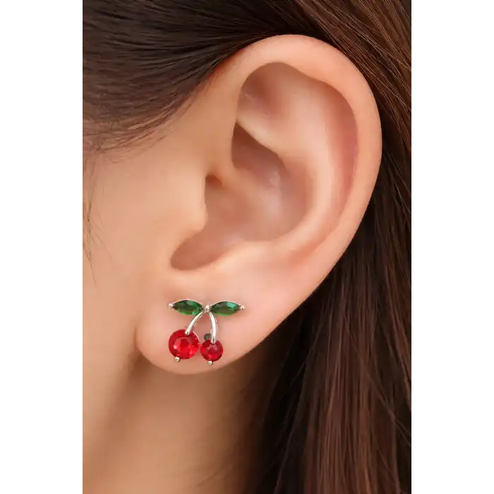 Gümüş Renk Kiraz Figürlü Taş Detaylı Çelik Xupıng VİP Küpe