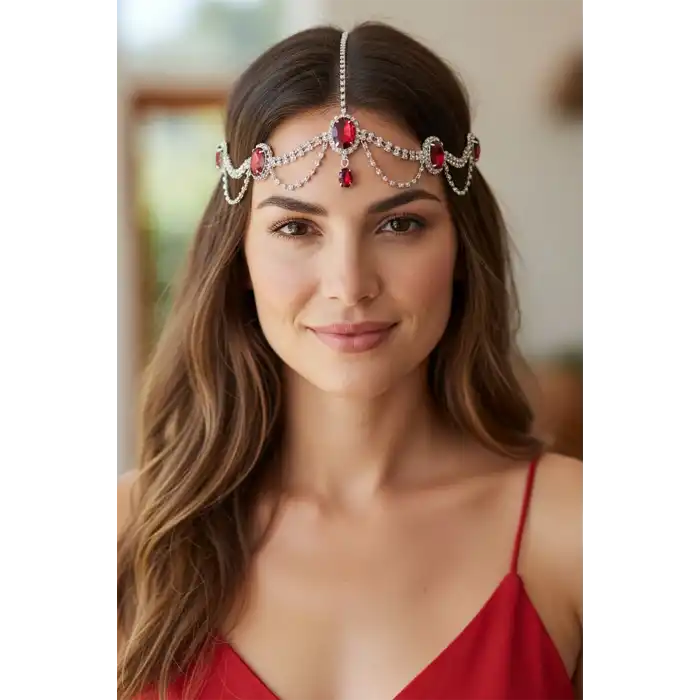 Gümüş Renk Kırmızı Taş Detaylı Alınlık/Kına Aksesuarı
