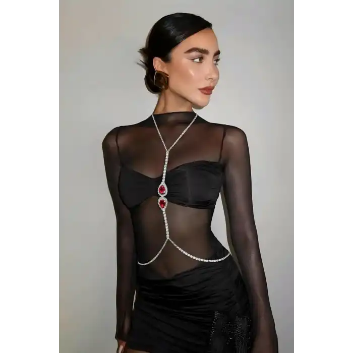 Gümüş Renk Kırmızı Taş Detaylı Tasarım Vücut Aksesuar