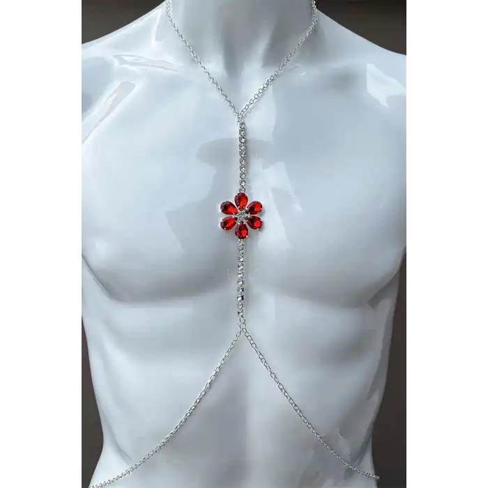 Gümüş Renk Kırmızı Taş Detaylı Tasarım Vücut Aksesuar