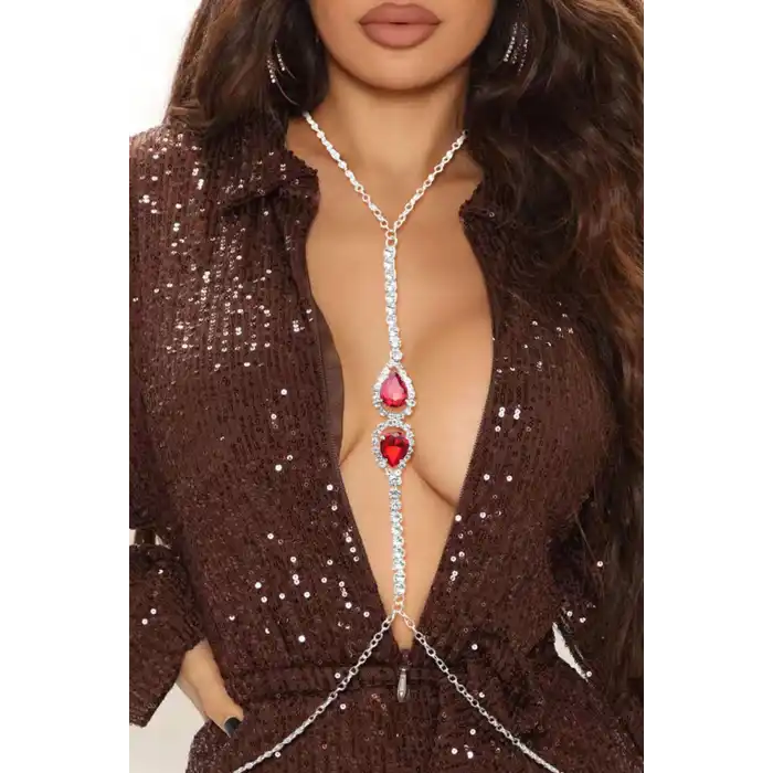 Gümüş Renk Kırmızı Taş Detaylı Tasarım Vücut Aksesuar