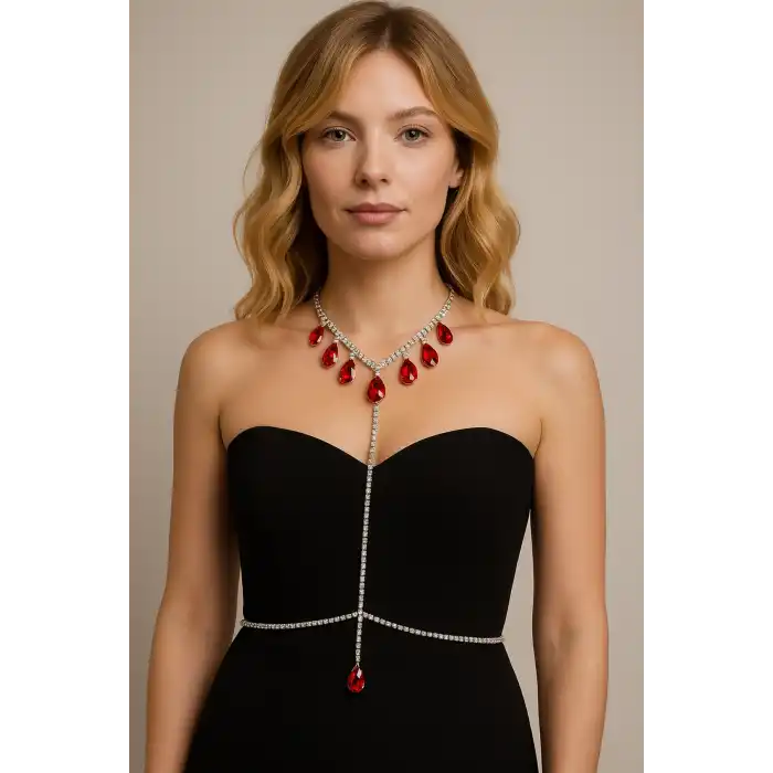 Gümüş Renk Kırmızı Taş Detaylı Tasarım Vücut Aksesuar