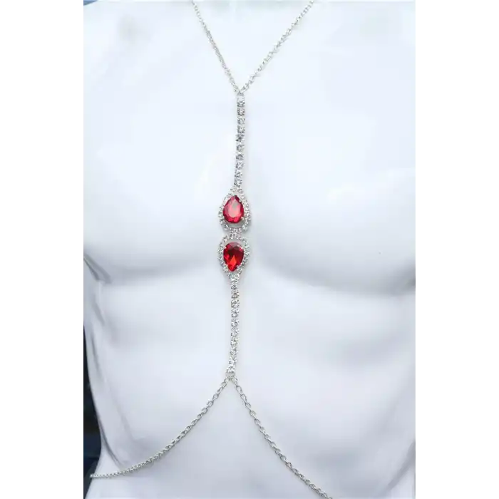 Gümüş Renk Kırmızı Taş Detaylı Tasarım Vücut Aksesuar