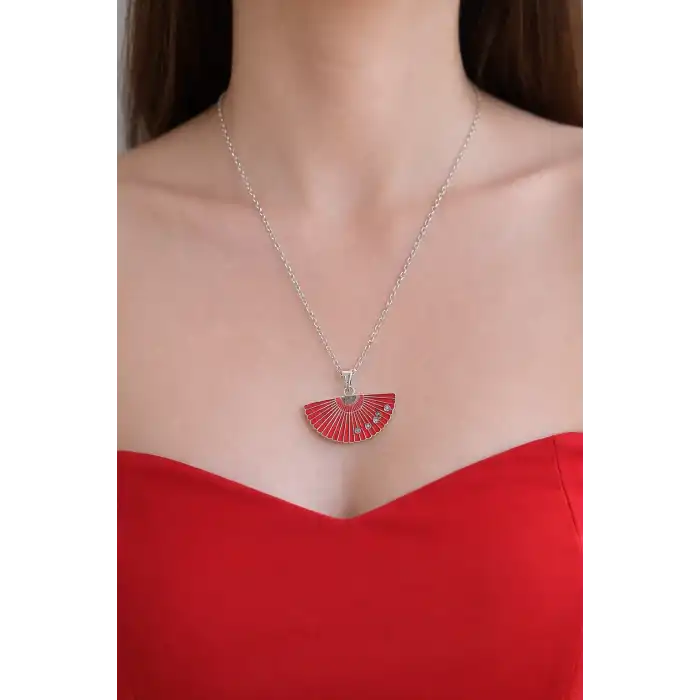 Gümüş Renk Kırmızı Yelpaze Figürlü Çelik Kolye