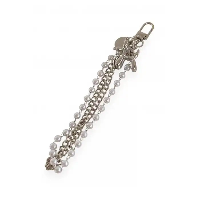 Gümüş Renk Köpek Figürlü İnci Detaylı Çanta Charm/ Anahtarlık