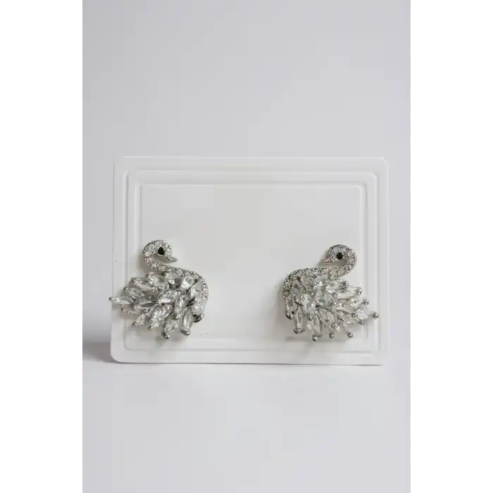 Gümüş Renk Kuğu Figürlü 14K Altın Kaplama Taş Detaylı Küpe (Çift)