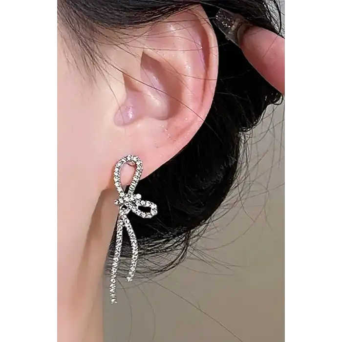 Gümüş Renk Kurdele 14k Altın Kaplama Küpe (Çift)