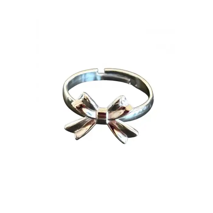 Gümüş Renk Kurdele Figürlü Ayarlanabilir Çelik Yüzük