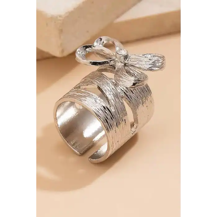 Gümüş Renk Kurdele Figürlü Ayarlanabilir Çelik Yüzük