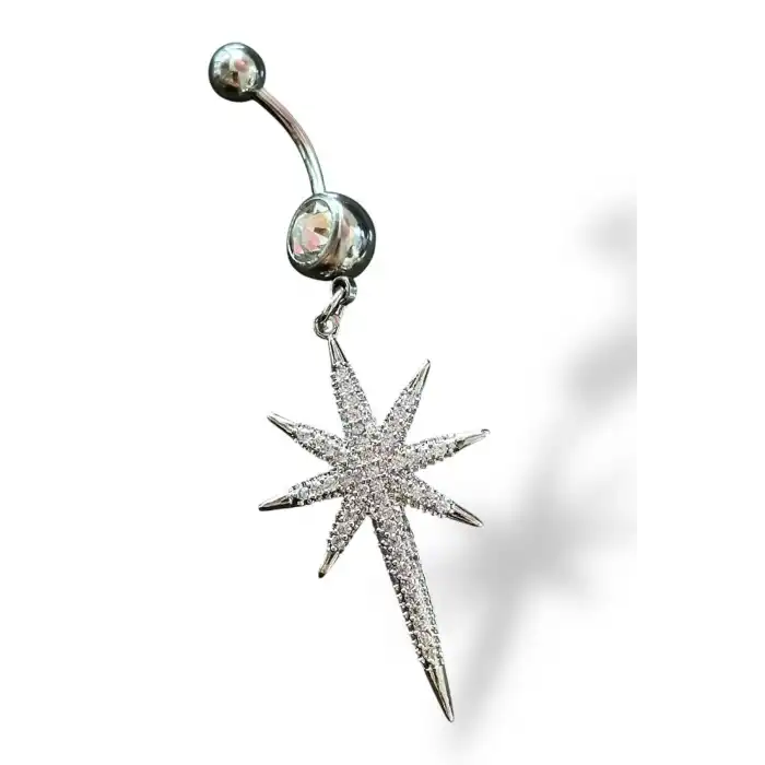 Gümüş Renk Kutup Yıldız Figürlü Taş Detaylı Cerrahi Çelik Göbek Piercing