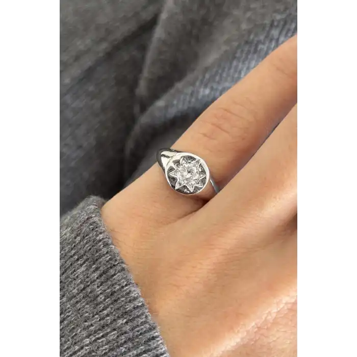 Gümüş Renk Kuzey Yıldızı Figürlü Serçe Parmak Yüzük (Ayarlanabilir)