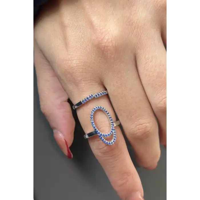 Gümüş Renk Lacivert Taş Detaylı Ayarlanabilir Çelik Yüzük