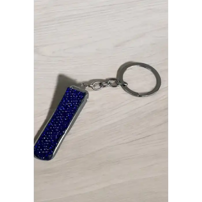 Gümüş Renk Lacivert Taş Detaylı Tırnak Makaslı Anahtarlık