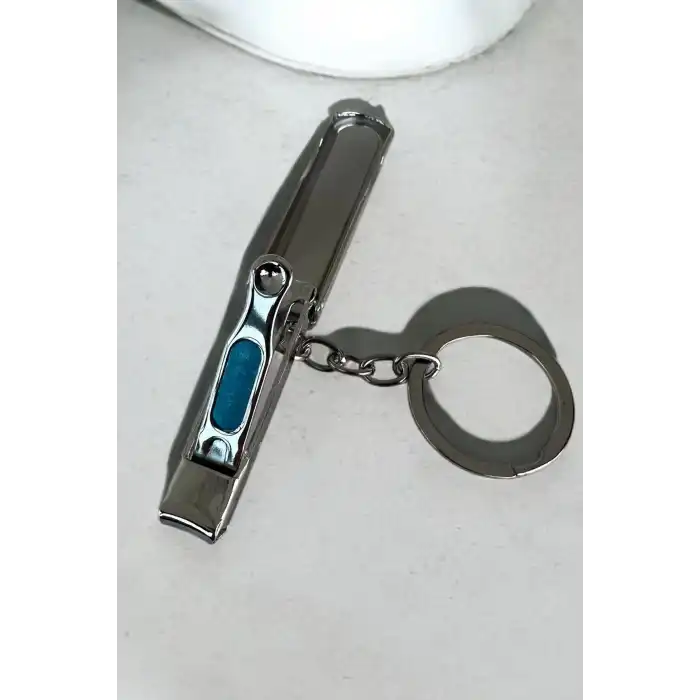 Gümüş Renk Lacivert Taş Detaylı Tırnak Makaslı Anahtarlık